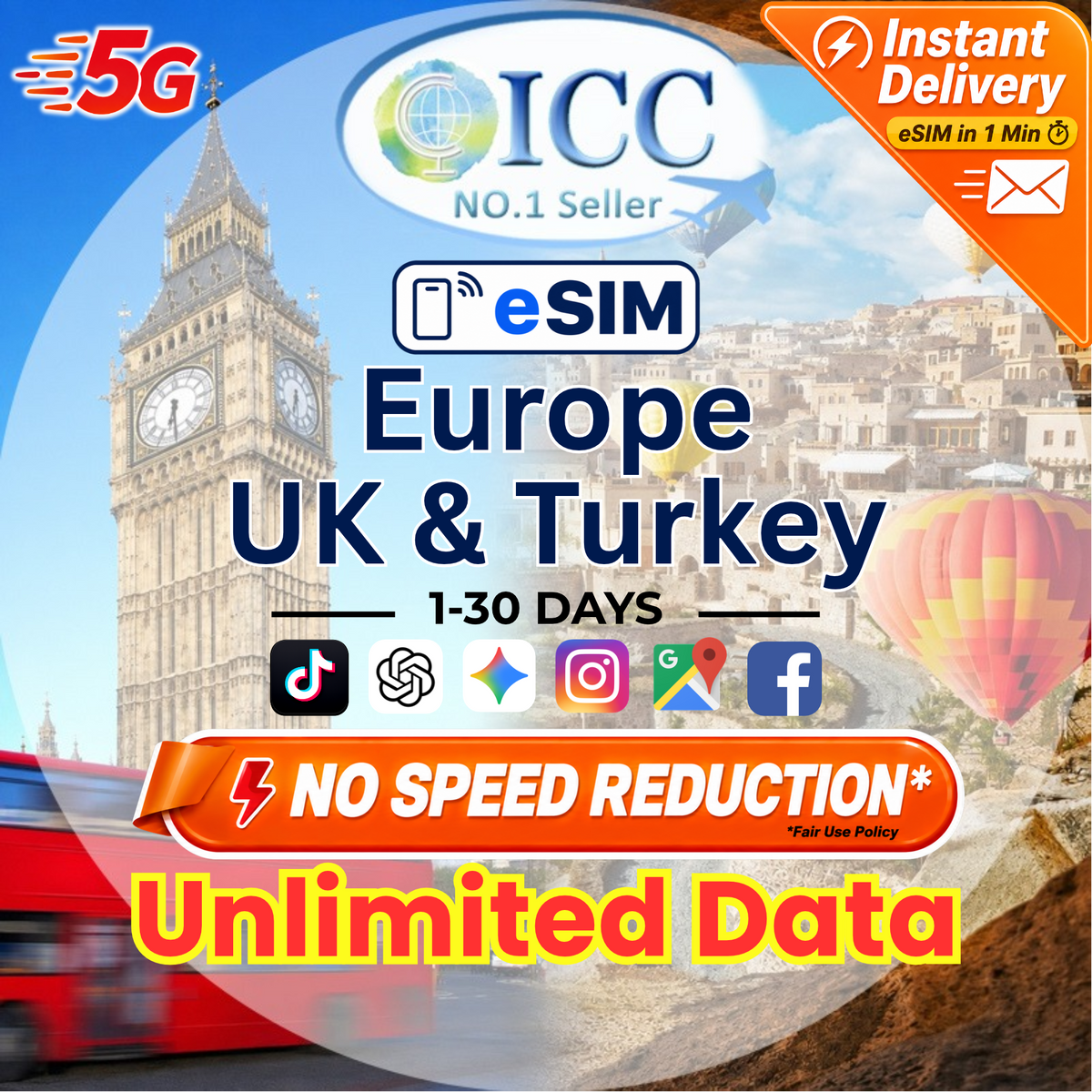 ICC eSIM - UK, Europe & Turkey (EU-i) 1-30 Days Unlimited Data