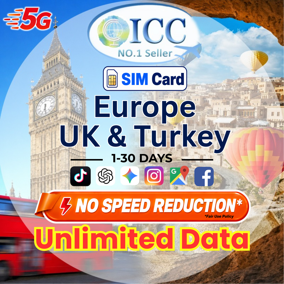 ICC SIM Card - Europe & Turkey 3-30 Days Unlimited Data SIM (EU-I)