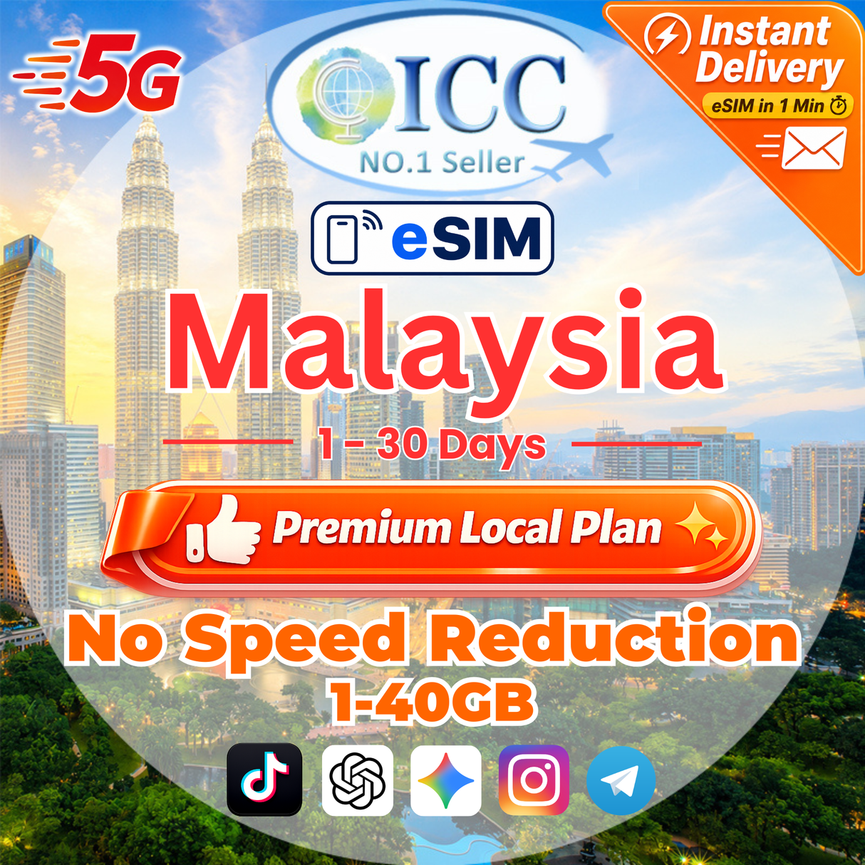ICC eSIM - Malaysia 1-30 Days 1-40GB 5G/4G Data│Local Plan│No Speed Reduction│Can use Tiktok