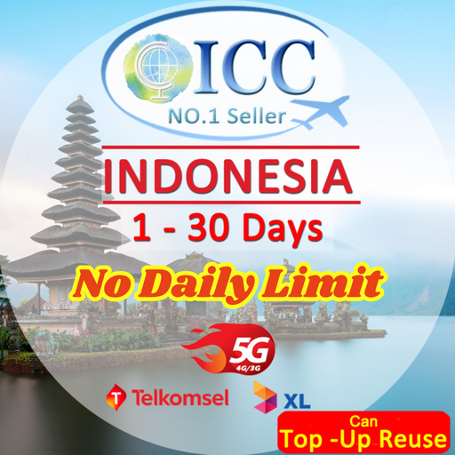 ICC SIM - Indonesia 1-30 Days No Daily Limit Unlimited Data (Indosat/XL/Telkomsel) [Can top up and reuse]/ Calendar Days Plan