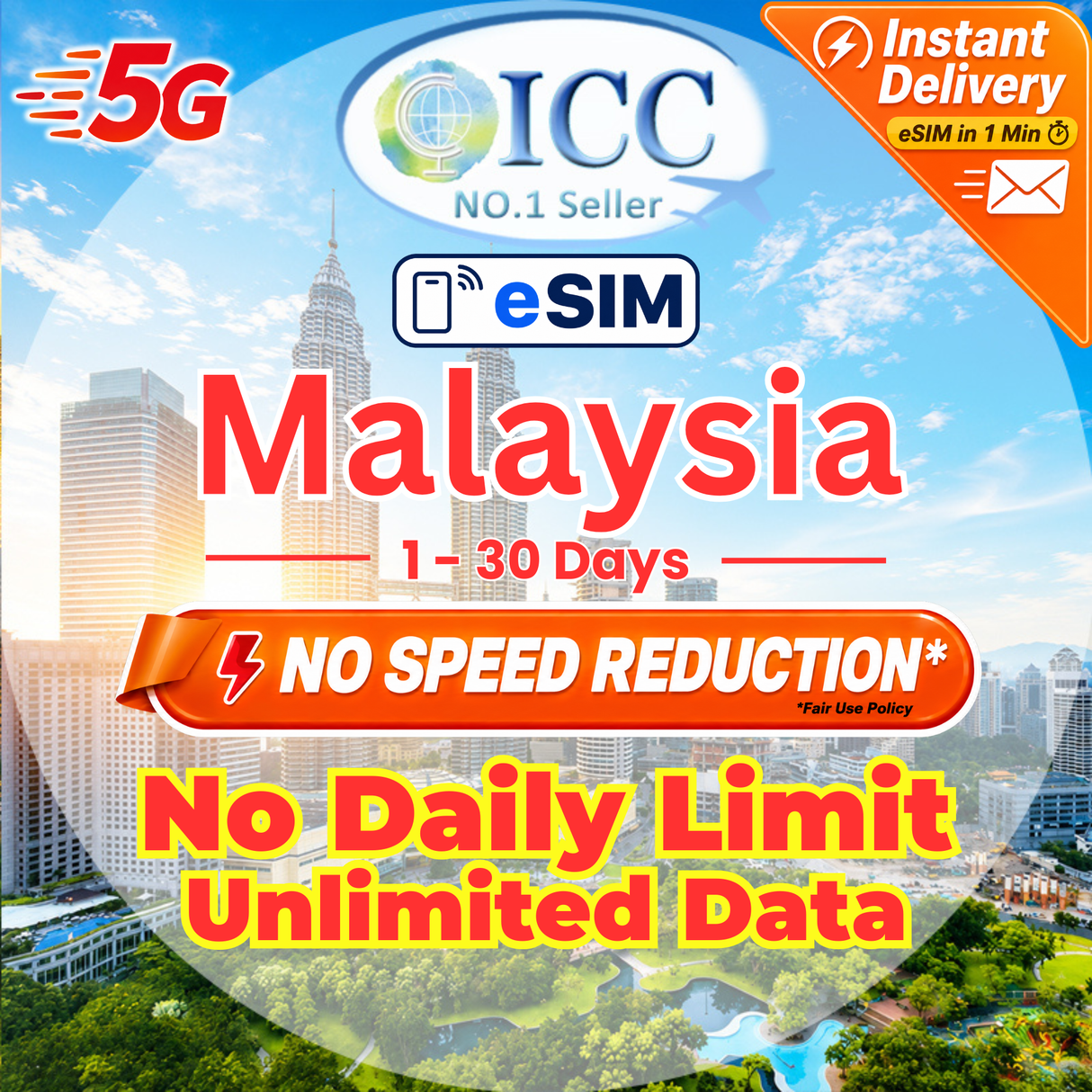ICC eSIM - Malaysia 1-30 Days 5G/4G Data│No daily Limit