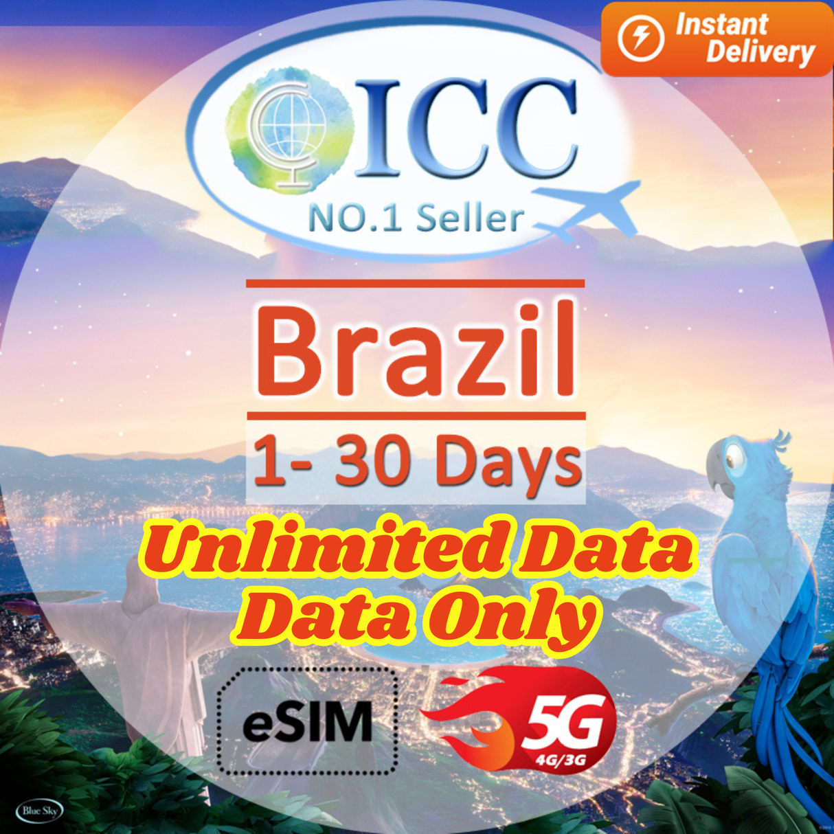 ICC eSIM - Brazil 1-30 Days Data │Unlimited Data│Data+Free incoming SMS