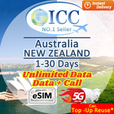 ICC eSIM - Australia & New Zealand 1-30 Day Data│Unlimited Data│Data+Call│Daily plan can top up reuse
