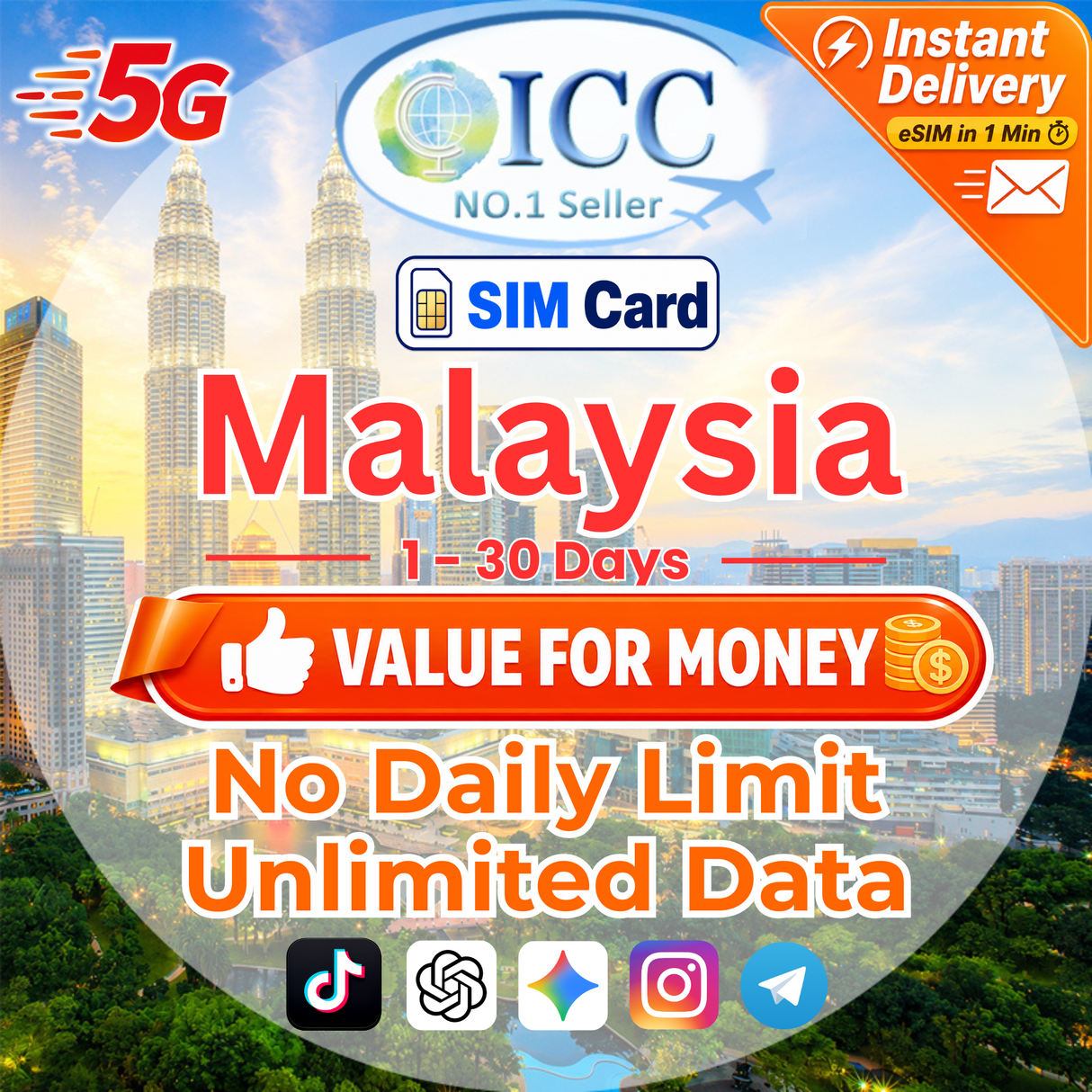 ICC SIM Card - Malaysia 1-30 Days Total High Speed + Unlimited Data (No daily limit)- Can use Tiktok
