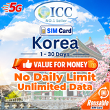 ICC SIM Card - Korea 1-30 Day High Speed Unlimited Data (No Daily Limit)- SKT Telecom/KT Network|Can top up reuse