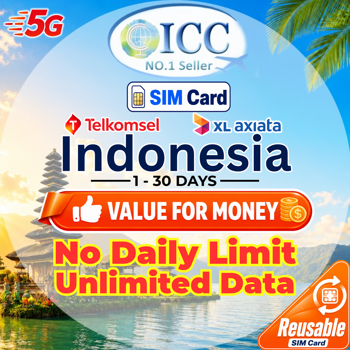 ICC SIM - Indonesia 1-30 Days No Daily Limit Unlimited Data (Indosat/XL/Telkomsel) [Can top up and reuse]/ Calendar Days Plan