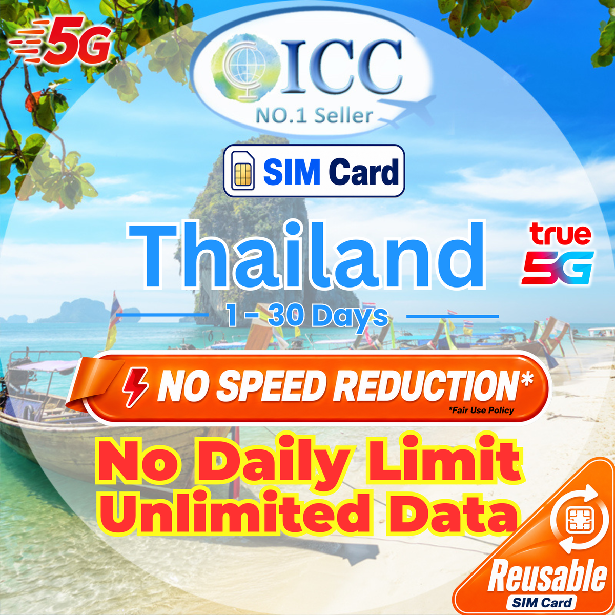 ICC SIM Card - Thailand 1-30 Days Total High Speed + Unlimited Data (No daily limit)- Can Top Up Reuse