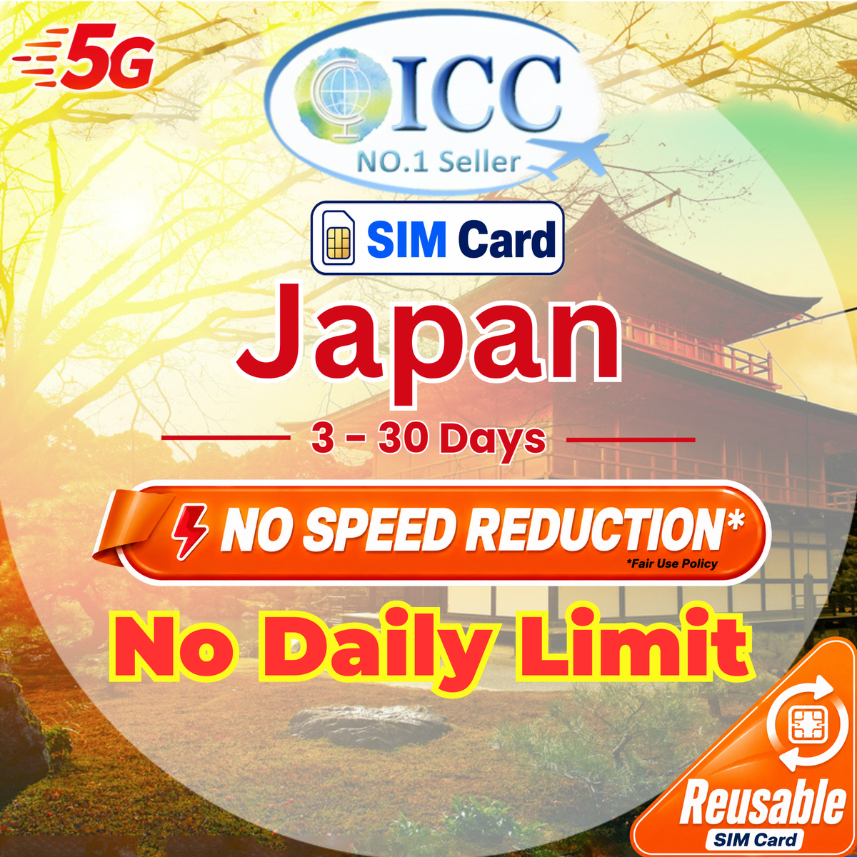ICC SIM Card - Japan 3-30 Days High Speed Data No Daily Limit Unlimited Data|Softbank/KDDI Network|Can Top Up Reuse