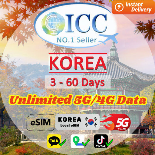 ICC eSIM - Korea 1-90 Days Unlimited 5G/4G Data SKT local network/Korea local esim/Can use tiktok(24/7 auto deliver eSIM)