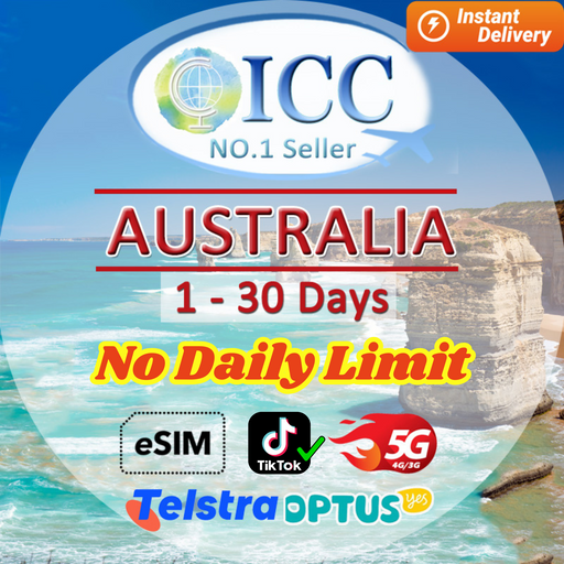 ICC eSIM - Australia 1-30 Days Unlimited Data- Telstra/Optus Network| Data+SMS Telstra Network| Data+SMS plan can use Tiktok