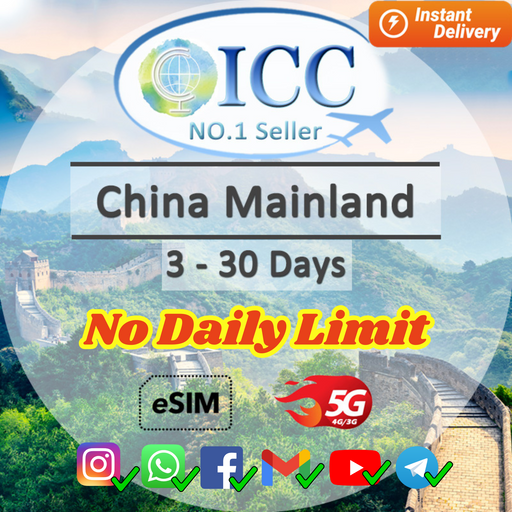 ICC eSIM - China Mainland 1-30 Days Unlimited Data-China Unicom & China Mobile Network
