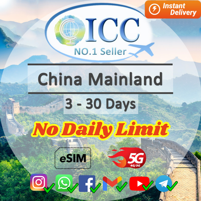 ICC eSIM - China Mainland 1-30 Days Unlimited Data-China Unicom & China Mobile Network