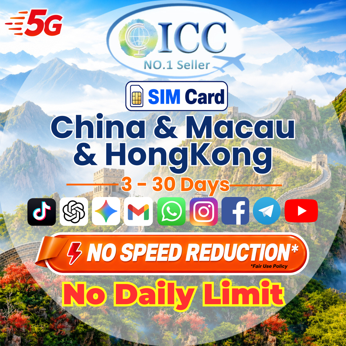 ICC SIM Card - China Mainland & HK/ China, HK & Macau 3-30 Days No daily Limit-China Unicom/China Mobile Network(Support Tiktok)