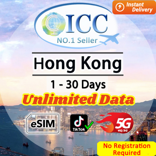ICC eSIM - HongKong (HK) 2-30 Days Unlimited Data| No registration Required| Can use Tiktok