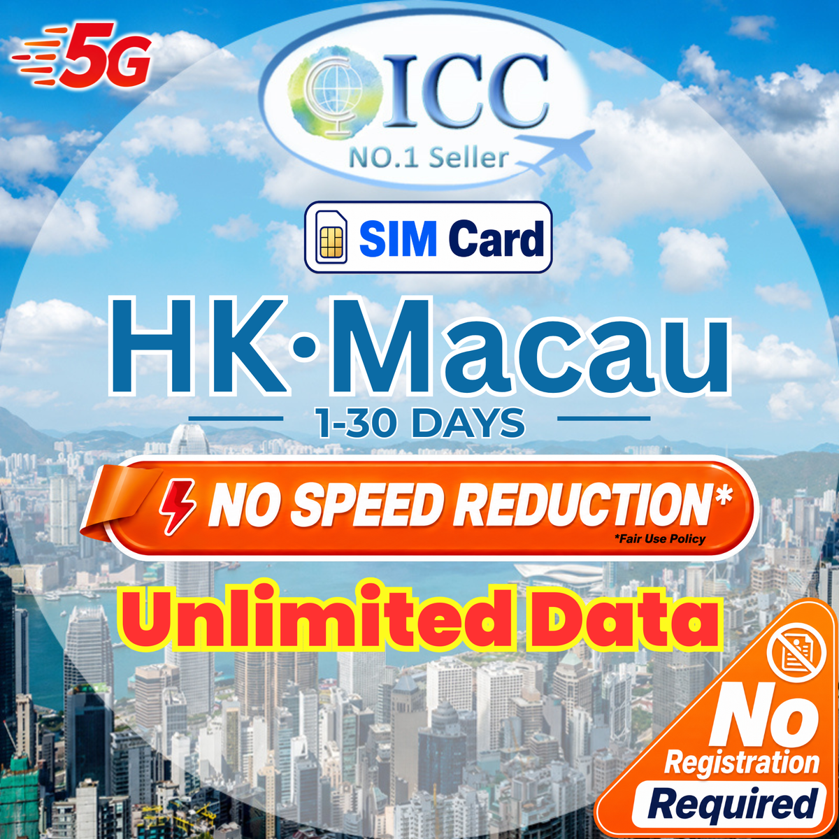 ICC SIM Card - HK & Macau 1-30 Days Unlimited Data (No Registration Required)