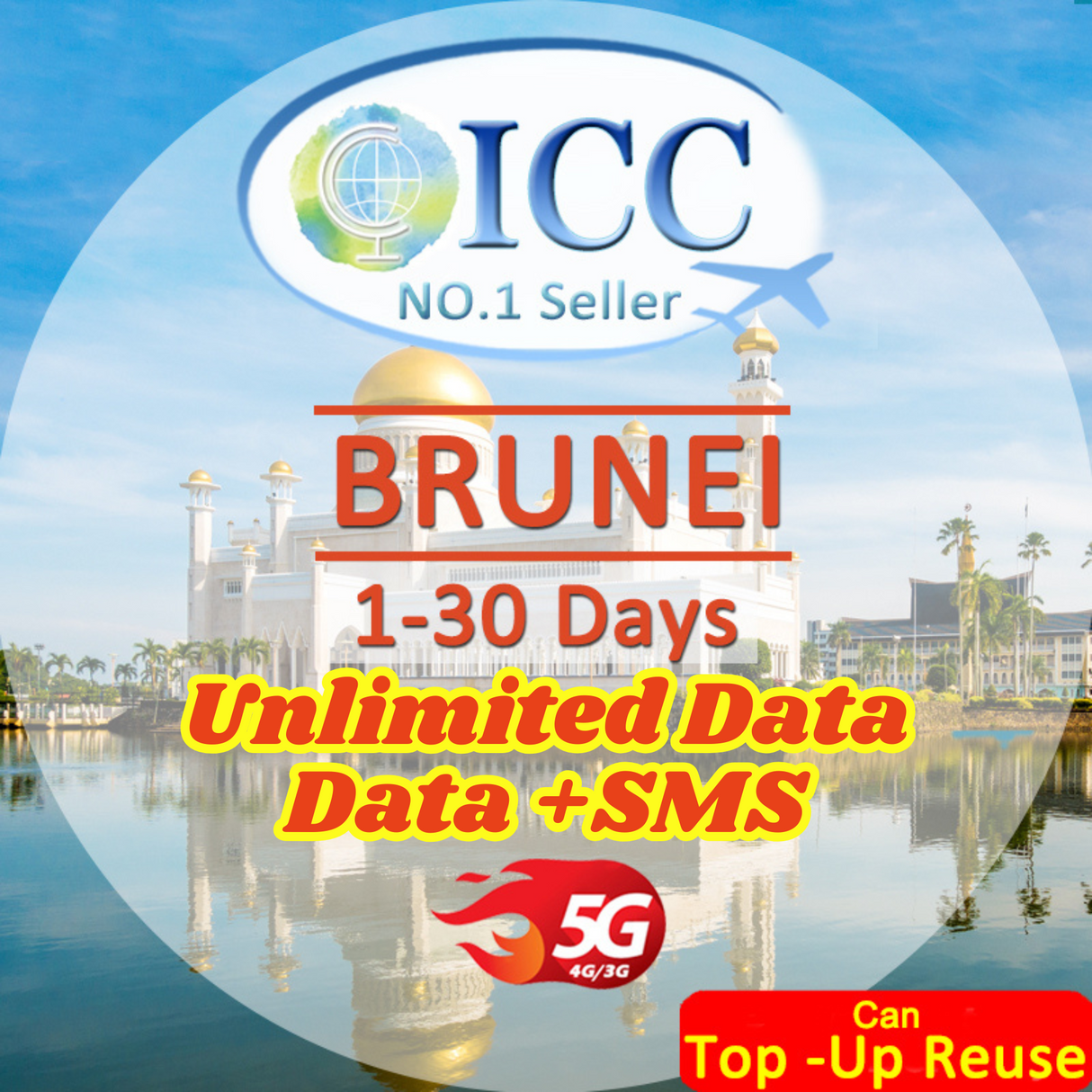 ICC SIM Card- Brunei 1-30 Days Data SIM | Unlimited Data| Data+SMS| Data only plan Can top up reuse