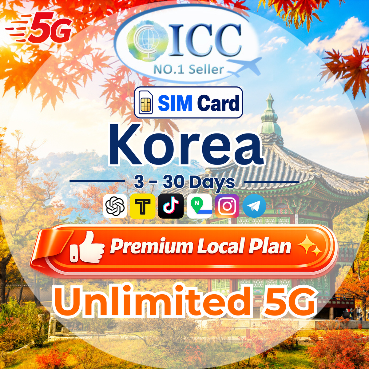 ICC SIM Card - Korea 3-30 Days Data SIM │ Unlimited 5G/4G Data - SKT Local SIM │ Can use Tiktok