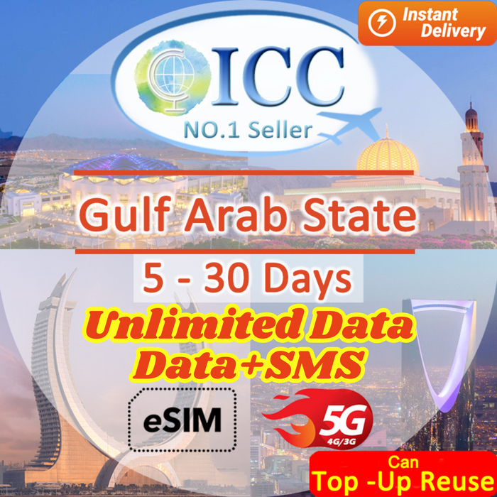 ICC eSIM - Gulf Arab State GCC(Kuwait,Qatar,Oman,Saudi Arabia) 5-30 Days |Data+SMS*| Unlimited Data SIM