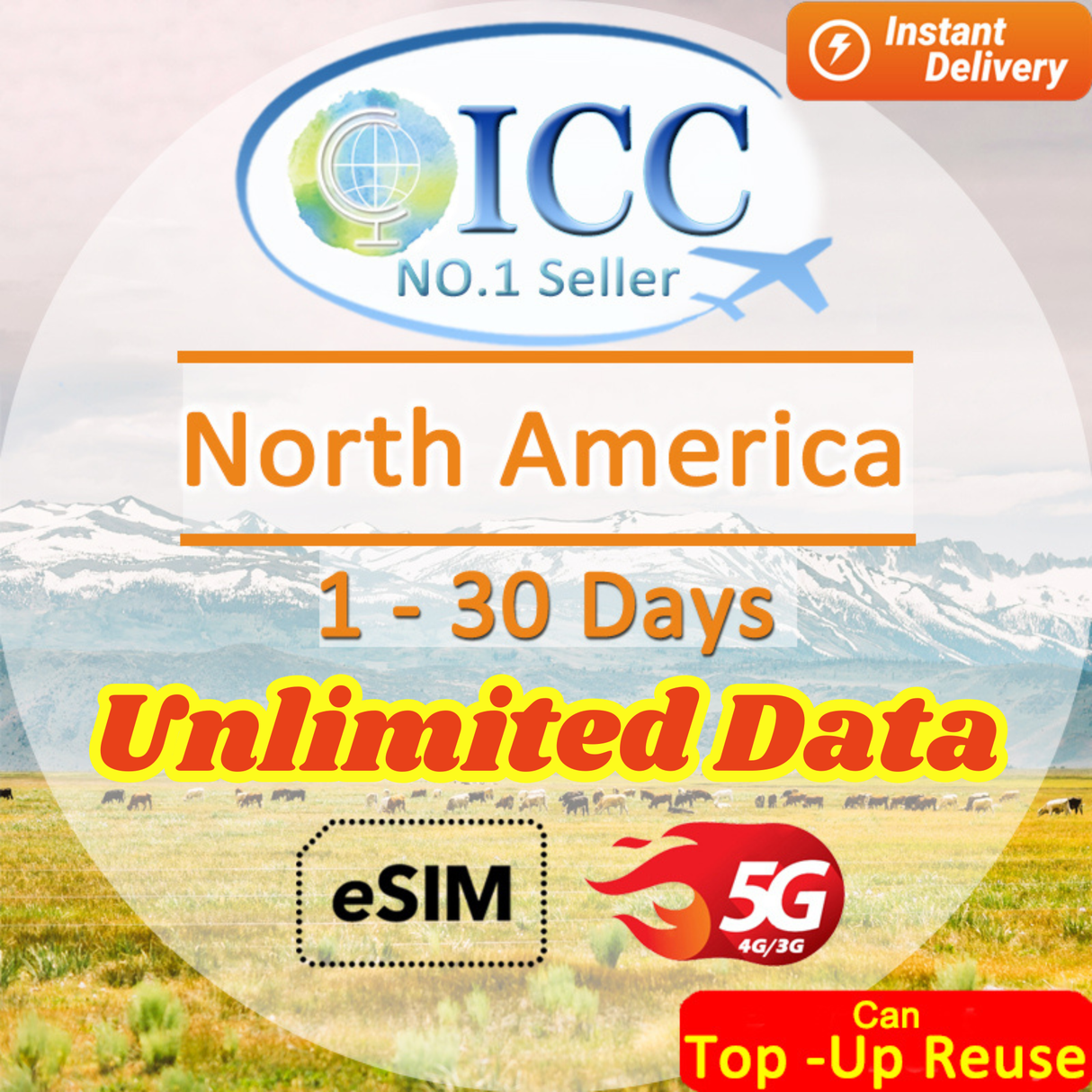 ICC eSIM - North America (USA, Canada & Mexico) 1-30 Days Unlimited Data┃Can top up reuse