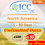 ICC eSIM - North America (USA, Canada & Mexico) 1-30 Days Unlimited Data┃Can top up reuse