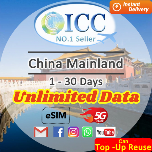 ICC eSIM - China Mainland 3-30 Days Unlimited Data - China Mobile Netowork (24/7 auto deliver eSIM )/Can top up Reuse