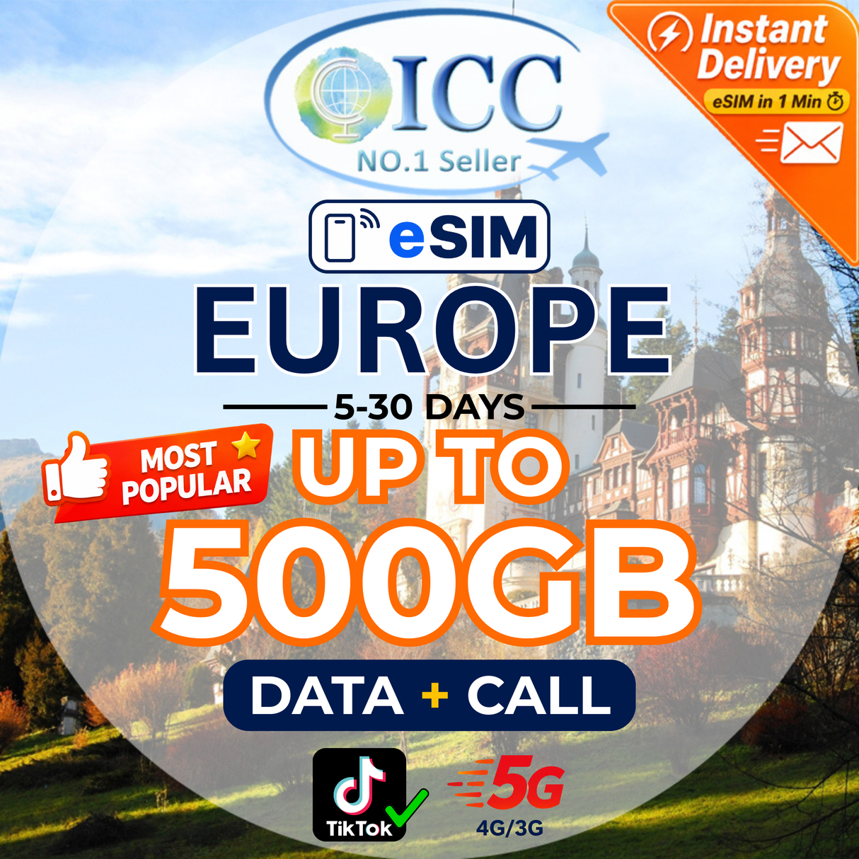 ICC eSIM - Europe EU-C 5-30 Days 20GB/50GB/100GB/200GB/500GB Data Only│Data + Call│Best coverage│Can use tiktok