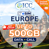 ICC eSIM - Europe EU-C 5-30 Days 20GB/50GB/100GB/200GB/500GB Data Only│Data + Call│Best coverage│Can use tiktok