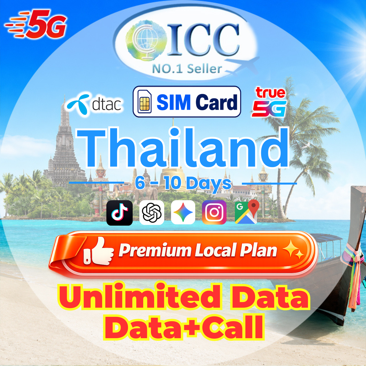 ICC SIM Card - Thailand 6-10 Days Unlimited Data - Truemove/AIS/DTAC