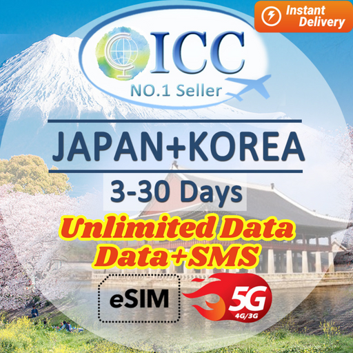 ICC eSIM- Japan & Korea 3-30 Days | Data+SMS*| Unlimited Data | Data+SMS* Plan can use Tiktok