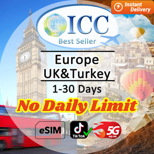 ICC eSIM - UK, Europe & Turkey (EU-i) 1-30 Days Unlimited Data