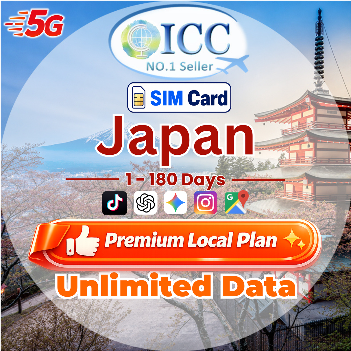 ICC SIM Card - Japan 1-180 Days Unlimited Data - Softbank Network丨Japan Local Package