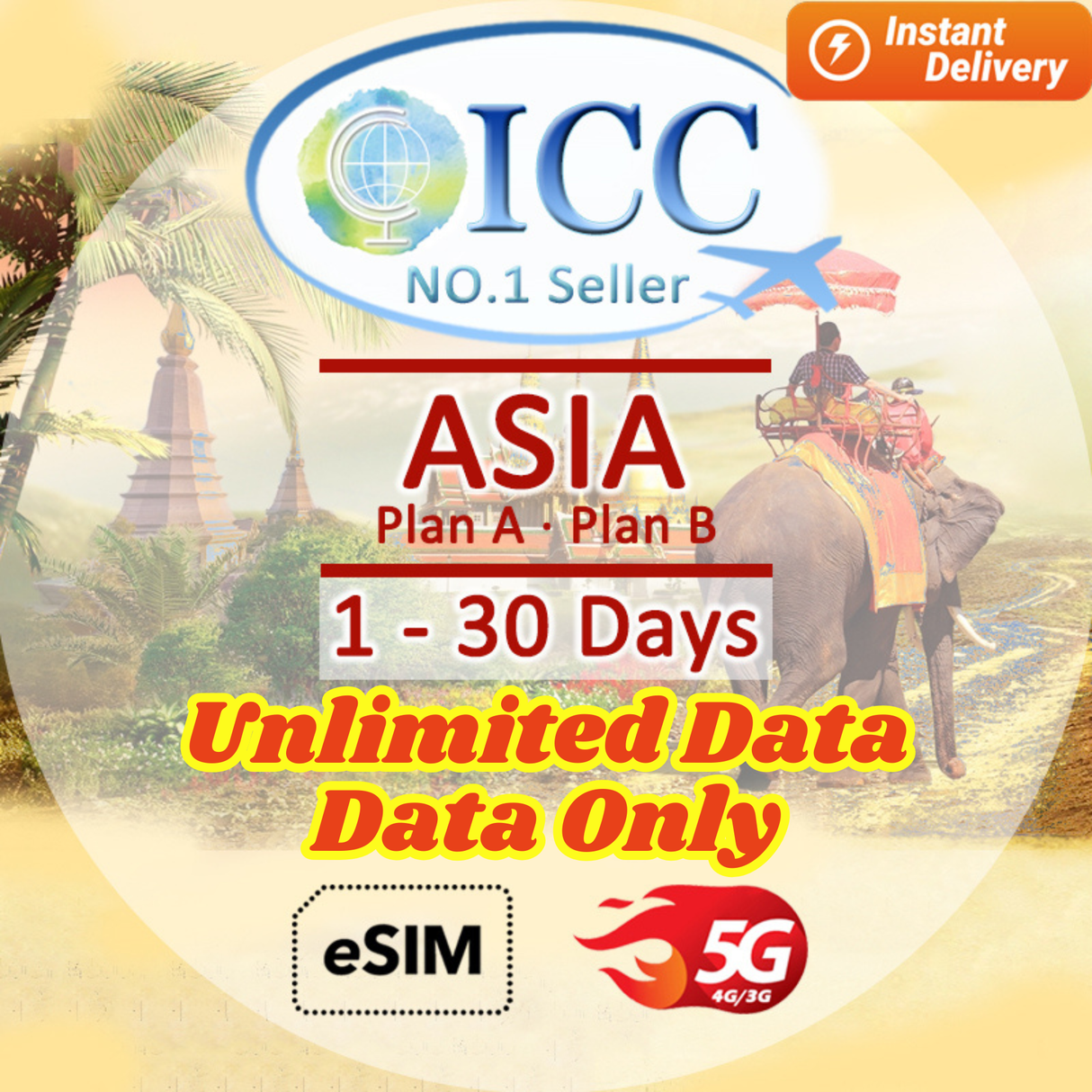 ICC eSIM - Asia 1-30 Days Unlimited Data| Plan A Can top up Reuse