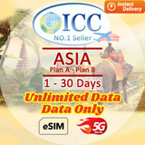 ICC eSIM - Asia 1-30 Days Unlimited Data| Plan A Can top up Reuse