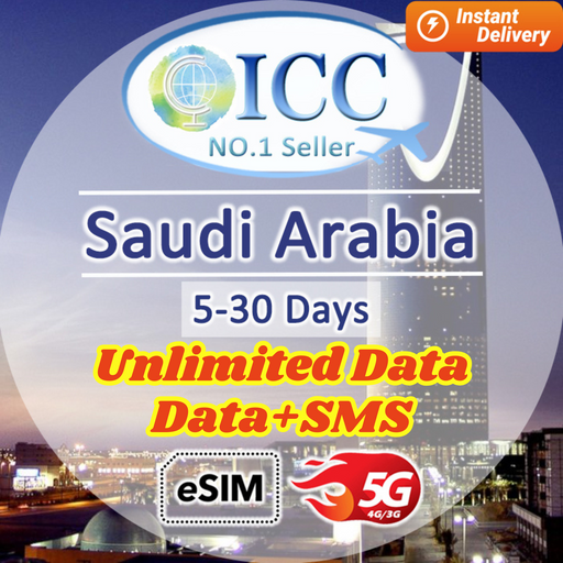 ICC eSIM Saudi Arabia 5-30 Days eSIM| Data+SMS*| Unlimited Data eSIM