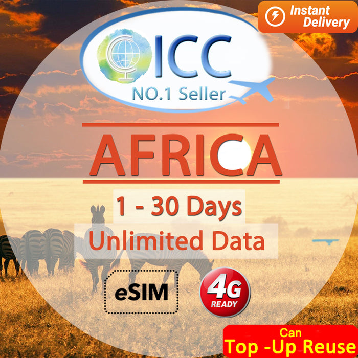 ICC eSIM - Africa 1-30 Days Unlimited Data SIM( 24/7 auto deliver eSIM )/Can top up reuse