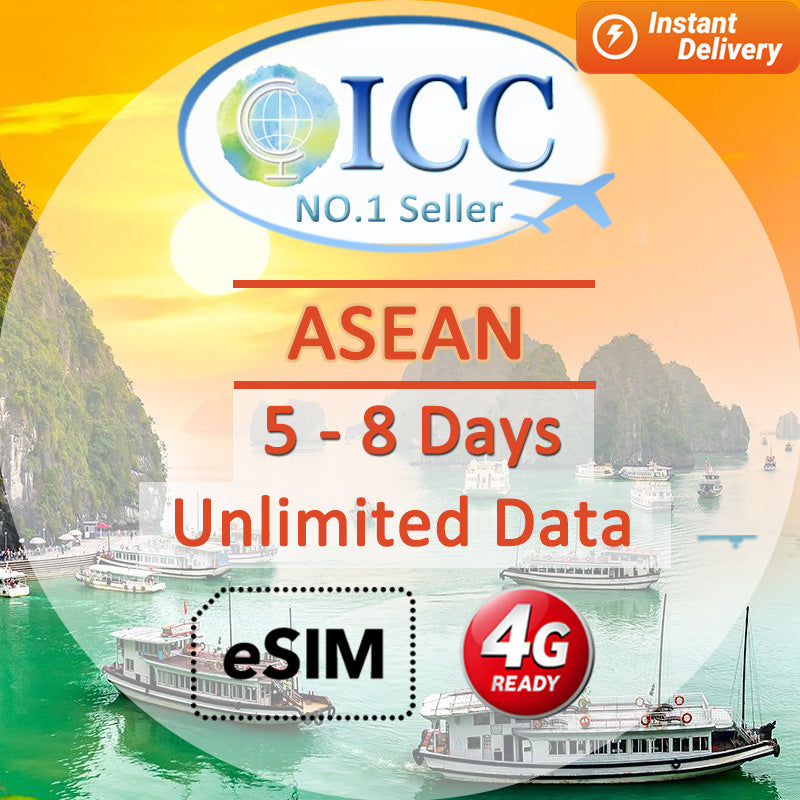 ICC eSIM - ASEAN 5-8 Days Unlimited Data| Cambodia| Laos| Thailand| Vietnam