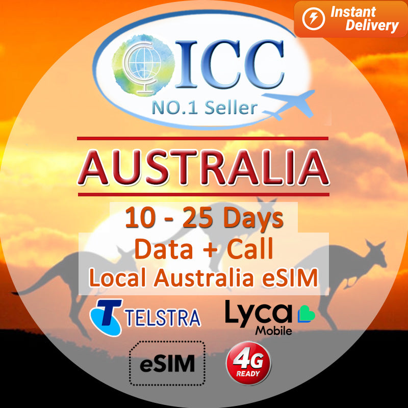 ICC eSIM - Australia 10-25 Days Data + Call (24/7 auto deliver eSIM)