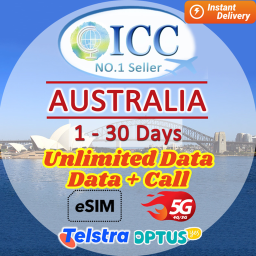 ICC eSIM - Australia 1-30 Days Unlimited Data | Data +Call| Data only plan can top up reuse