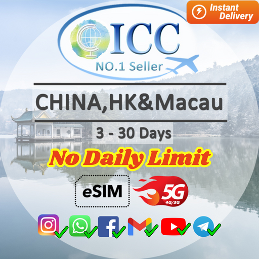 ICC eSIM - China Mainland, Macau, HK 3-30 Days Unlimited Data-China Unicom Network | Good for Xinjiang