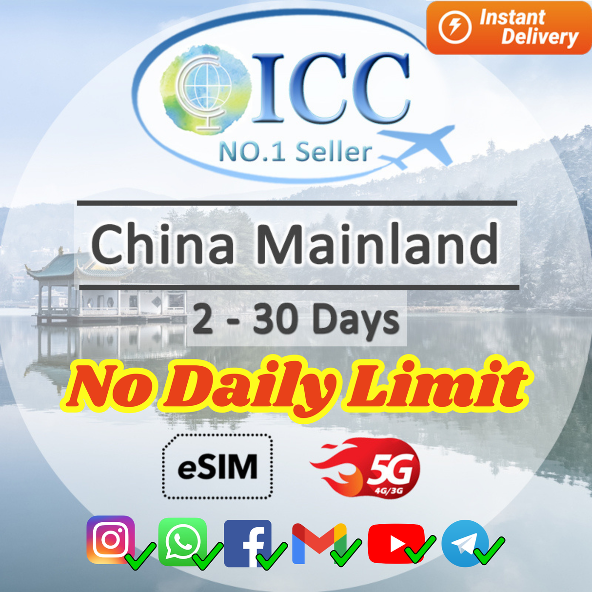 ICC eSIM China Mainland 2-30 Days No Daily Limit | China Unicom Network| Good for Xinjiang