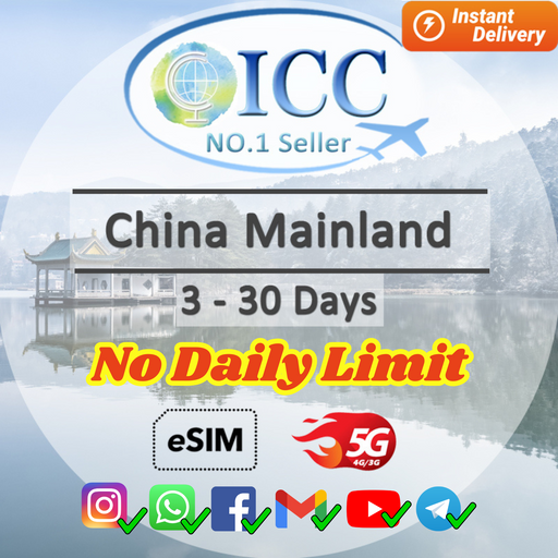 ICC eSIM - China Mainland 3-30 Days Unlimited Data-China Unicom Network | Good for Xinjiang