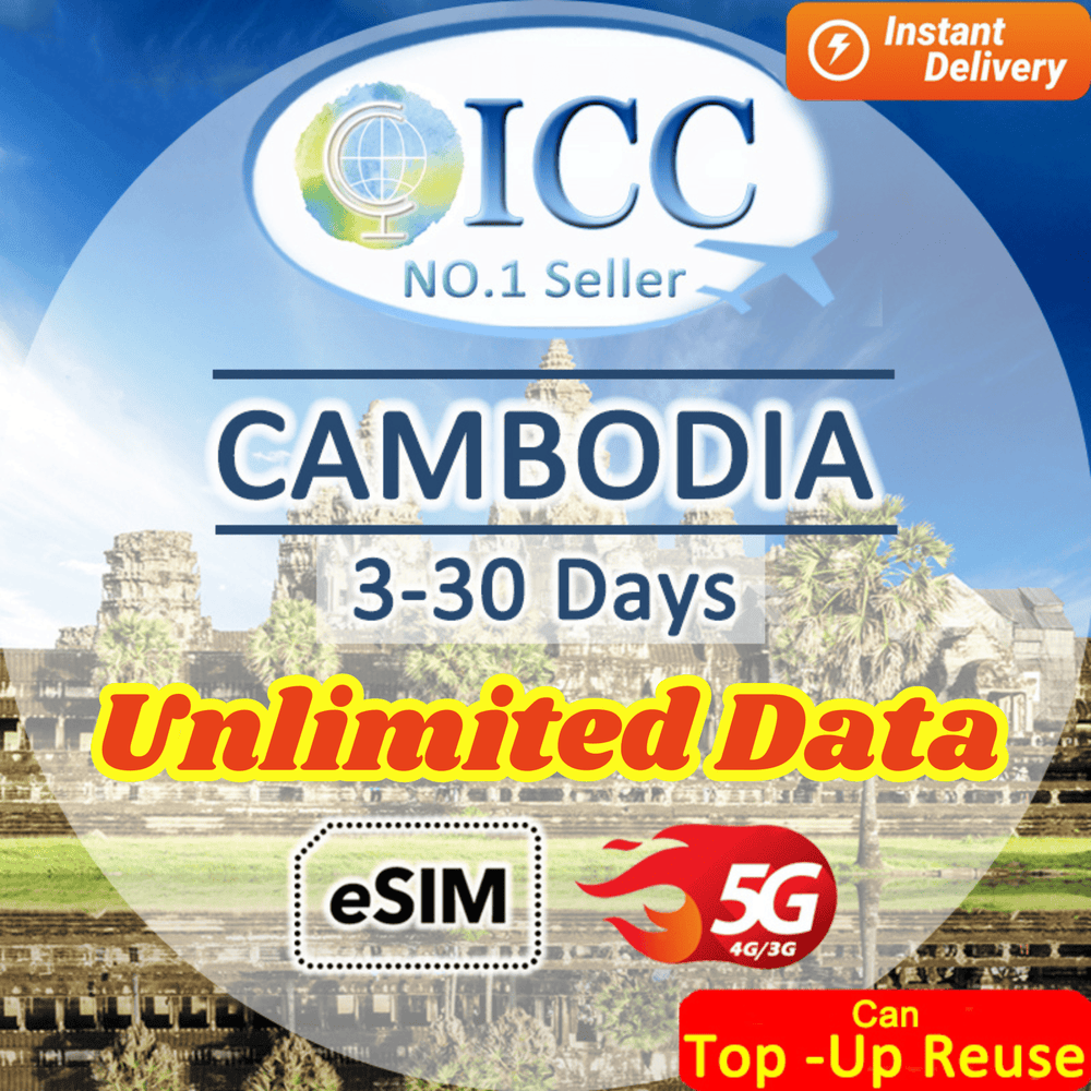 ICC eSIM - Cambodia 3-30 Days Unlimited Data│Daily plan can top up reuse
