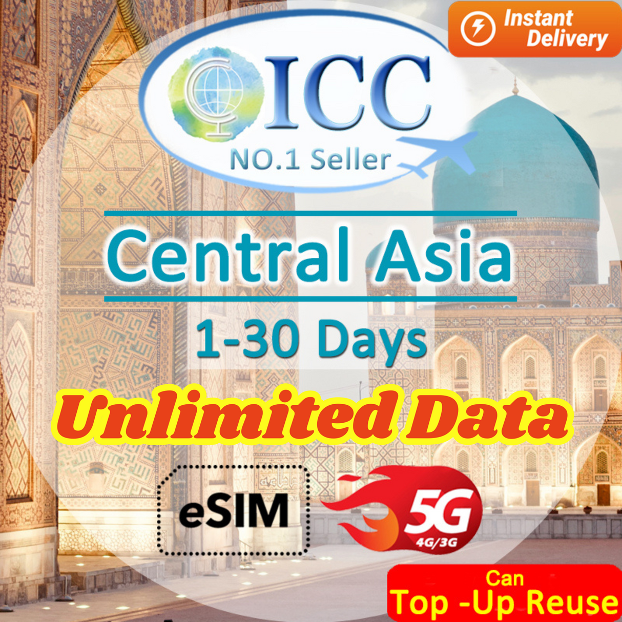 ICC eSIM - Central Asia 1-30 Days Unlimited Data (Kazakhstan, Uzbekistan, Kyrgyzstan,Tajikistan*)