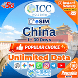 ICC eSIM - China Mainland 3-30 Days Unlimited Data - China Mobile Netowork│Can top up Reuse