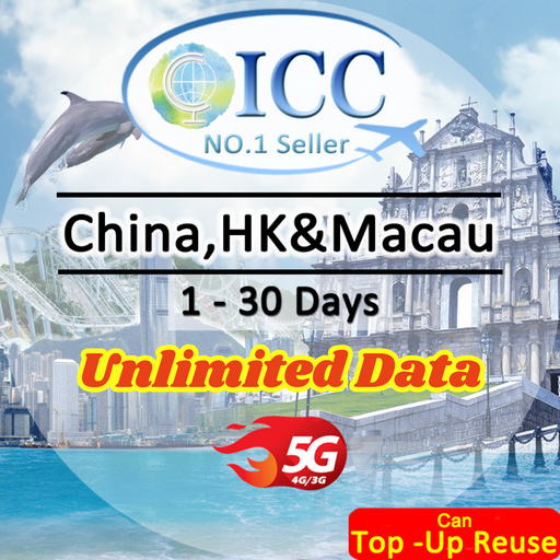 ICC SIM Card - China Mainland, HK & Macau 1-30 Days Unlimited Data - China Mobile/Can top up reuse