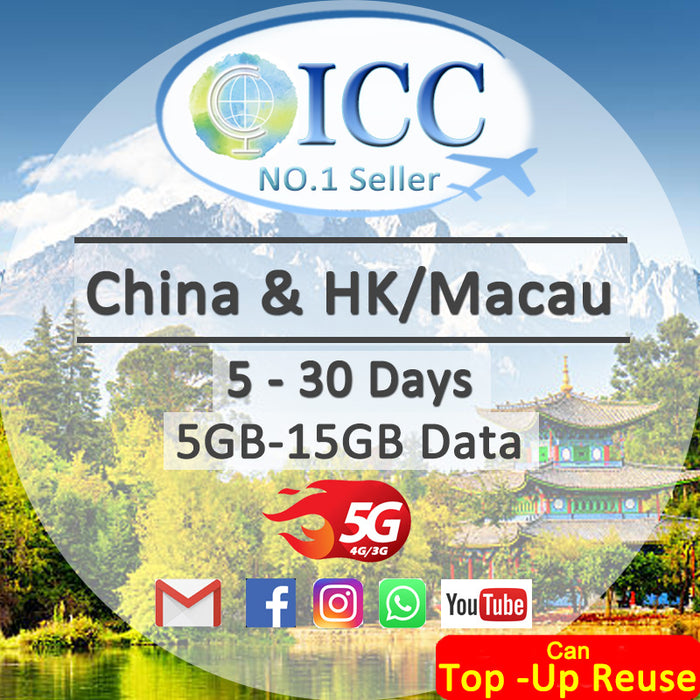 ICC SIM Card - China Mainland & HK/ Macau 10-30 Days 5GB/10GB/15GB Data - China Mobile/Can top up more data/reuse