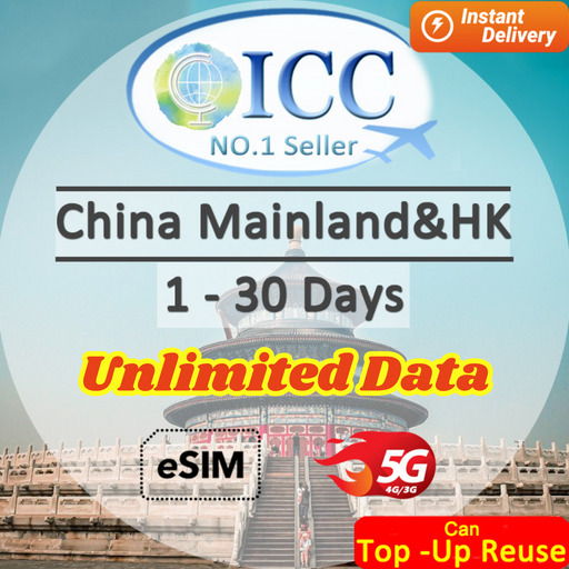 ICC eSIM - China Mainland & HK 1-30 Days Unlimited Data - China Mobile Network/Can top up Reuse