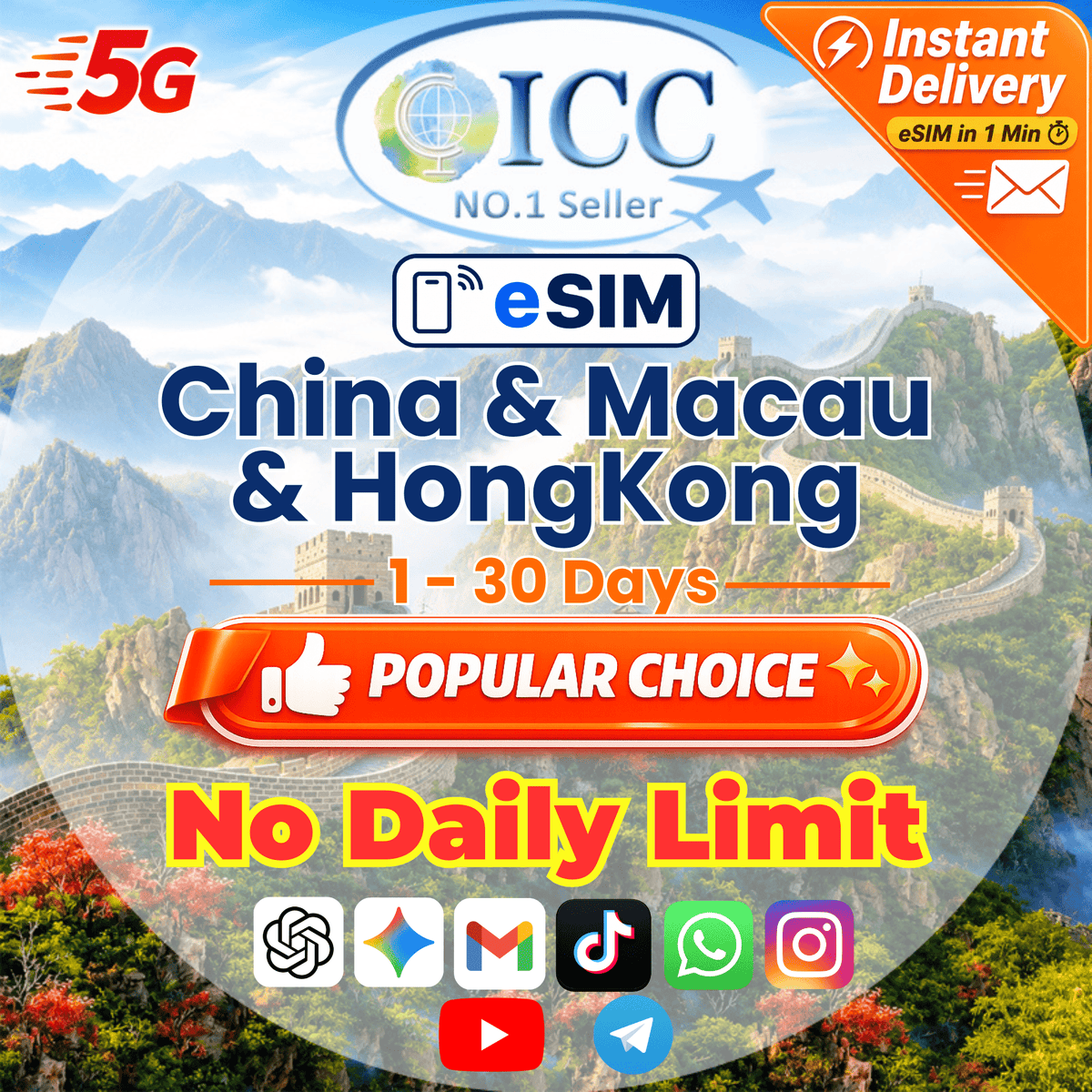 ICC eSIM - China Mainland & HK/China, HK & Macau 1-30 Days Unlimited Data-China Unicom & China Mobile Network (Support Tiktok)