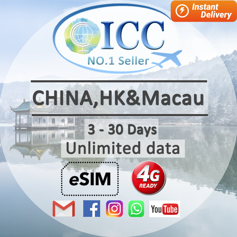 ICC eSIM - China Mainland, Macau, HK 3-30 Days Unlimited Data-China Unicom Network (24/7 auto deliver eSIM )