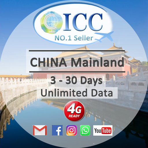 ICC SIM Card - China Mainland 3-30 Days Unlimited* Data - China Mobile/ Can top up reuse